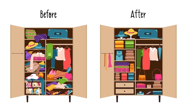 Vector a wardrobe with clothes neatly laid out on the shelves and a wardrobe randomly littered with clothes mess and order in the wardrobe before and after cleaning sorting things reasonable consumption