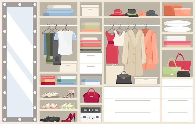 Vector wardrobe with clothes. opened closet compartments with woman man clothing, hangers dressing room