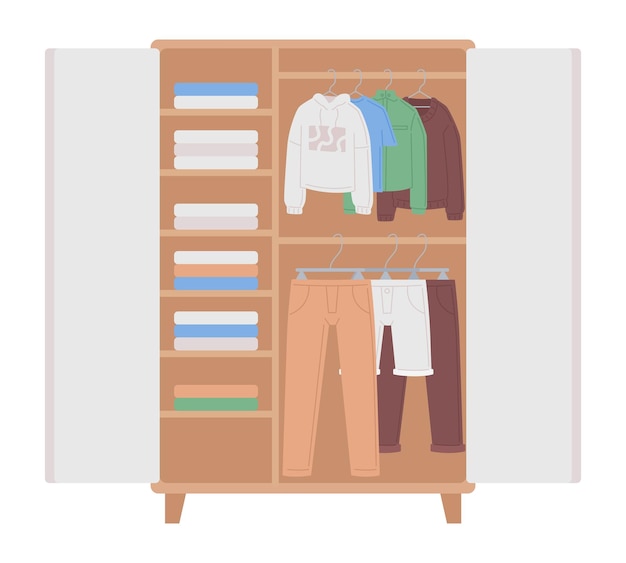 Vector wardrobe with organized clothes and shelves semi flat color vector object