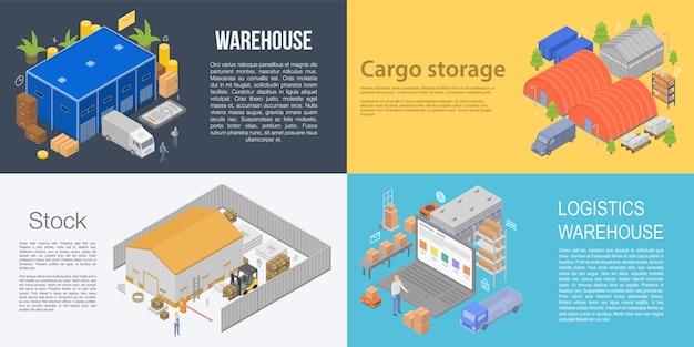 Vector warehouse building banner set, isometric style