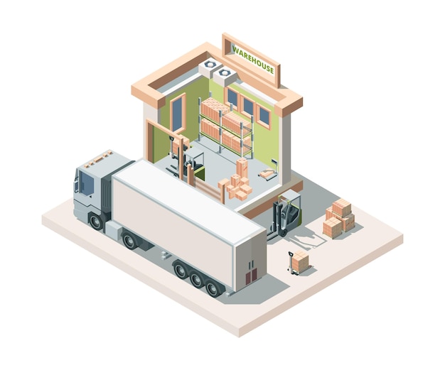 Vector warehouse building with truck and cargo isometric . logistics.