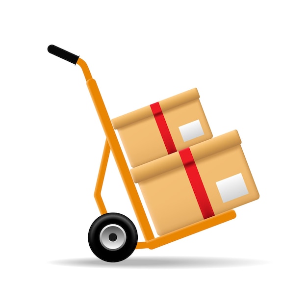 Vector warehouse cart with cardboard box container transportation 3d vector icon