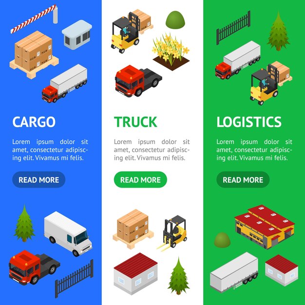 Warehouse Concept Banner Vecrtical Set 3d Isometric View Building Architecture Construction for Logistic Delivery and Storage Vector illustration of Facade and Cars