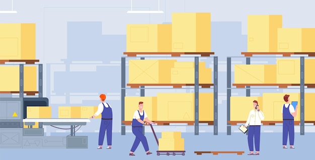 Warehouse conveyor workers warehousing process worker sorting cargo boxes on belt line automation machine mover working delivery industrial system splendid vector illustration of warehouse factory