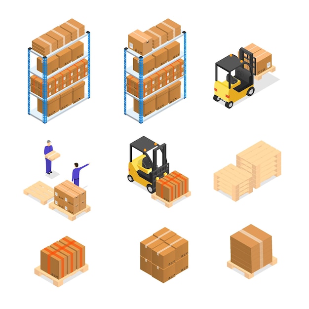 Warehouse Elements Set with Workers in Uniform Business Delivery or Logistic. Isometric View.