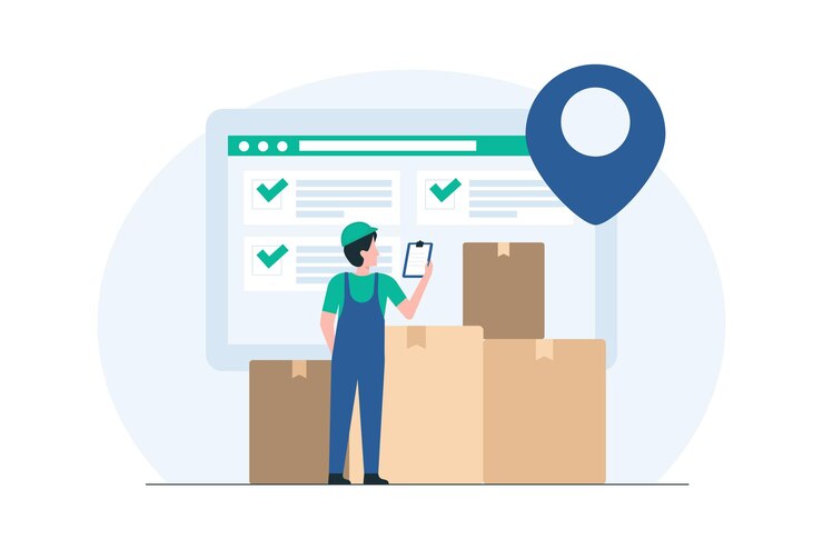 Vector warehouse employee checking stock levels inventory management stock control warehouse operations supply chain efficiency illustration