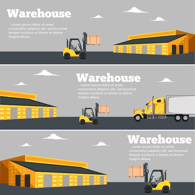 フォークリフトのベクトル図と倉庫のチラシを設定します。