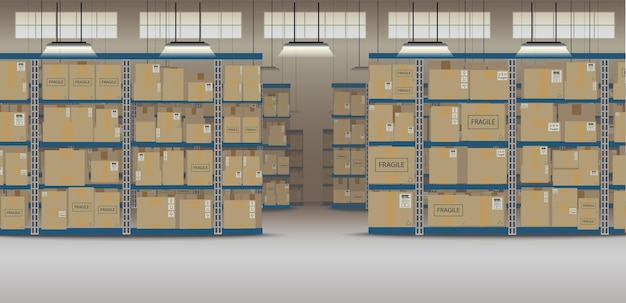 Вектор Интерьер склада с коробками на стеллажах плоский дизайн векторные иллюстрации