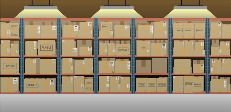 Vector warehouse interior with boxes on racks flat design vector illustration