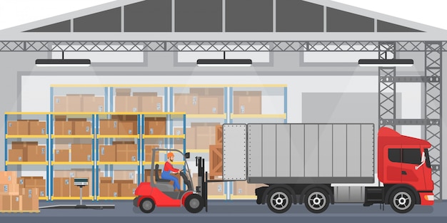  Warehouse interior with workers arranging goods boxes into a truck. Warehouse modern interior wirh cargo truck