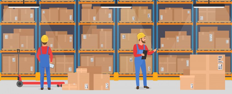 Vector  warehouse interior with working people. logistic delivery cargo service banner concept.