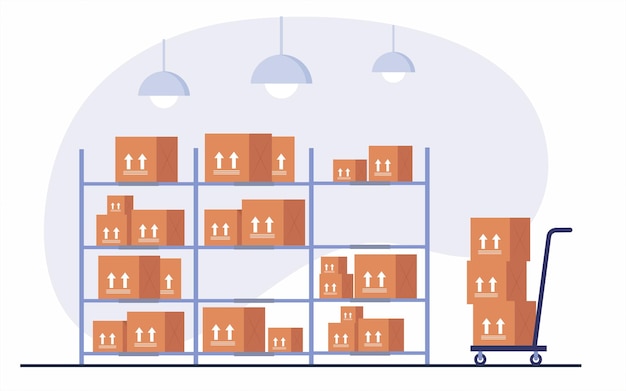 Вектор Складской инвентарь со стеллажом запас товаров на складе логистики