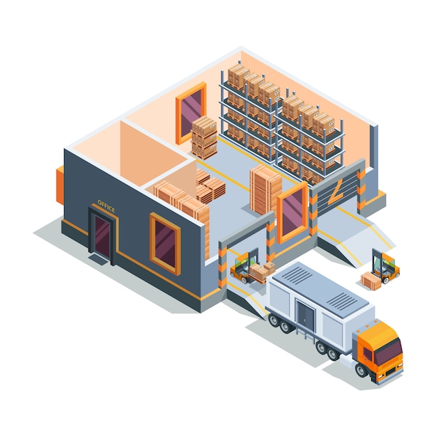 Warehouse isometric. Big storage house machines forklift transportation and loading truck warehouse building cross section 