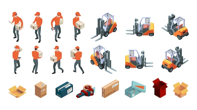 Vector warehouse isometric shipping transporting and forklift loader services warehouse garish vector illustrations set