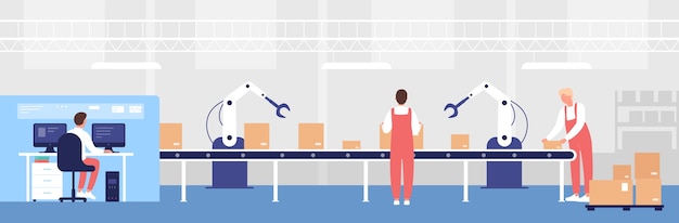 Warehouse loading conveyor  illustration. cartoon  worker people work, load line boxes with robotic arm equipment help, storage operator character controlling warehousing process background