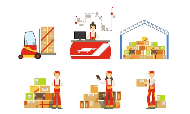 Warehouse Logistics and Distribution Warehouse Building Forklift Shelves with Goods Professional Workers Vector Illustration