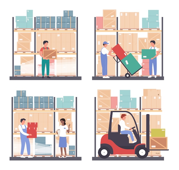 Warehouse logistics  illustration set. Cartoon  worker people work in wholesale stockroom of storehouse, carry boxes, transport and load packages with stock forklift loader  on white