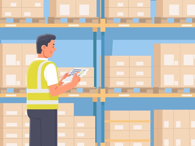 Vector warehouse manager checks the availability of goods the worker holds a tablet in his hands_ai_generat