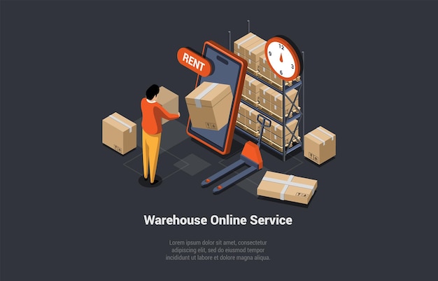 Warehouse online service garage rental and self storage unit concept male character is working in warehouse with cardboard boxes employee processes online orders isometric 3d vector illustration