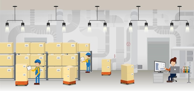 Vector warehouse in process with workers working flat design vector illustration