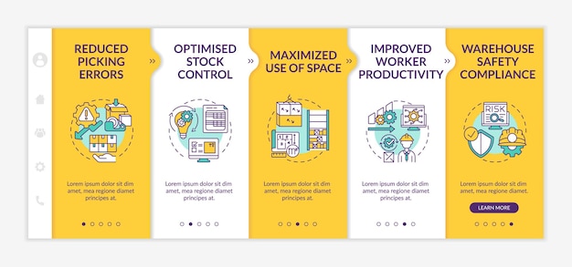 Modello di onboarding del servizio di magazzino. migliore produttività dei lavoratori. controllo delle scorte ottimizzato. sito web mobile reattivo con icone. schermate di passaggio della procedura guidata della pagina web. concetto di colore rgb