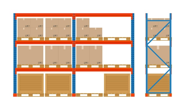 Vector warehouse shelves with boxes. storage equipment icon. side view. vector isolated on white. storage equipment icon set.