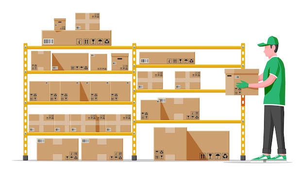 Warehouse shelves with goods mover and container package boxes Pile cardboard boxes set Carton delivery packaging open and closed box with fragile signs Vector illustration in flat style