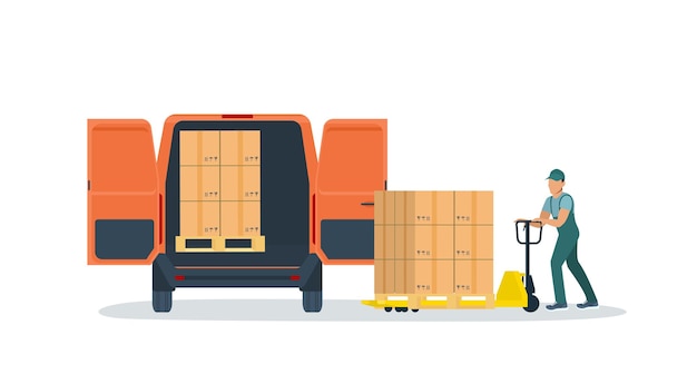Vector warehouse staff loading a cargo van using an electric forklift vector illustration