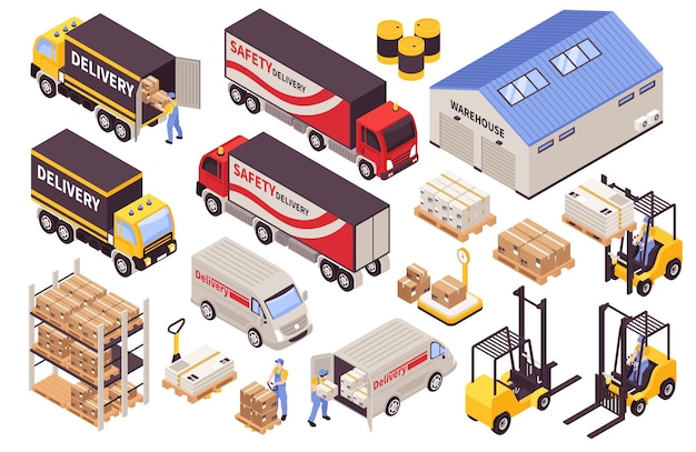 Vector warehouse storage picking loading delivery logistic services building transportation machinery forklifts trucks vans isometric set vector illustration