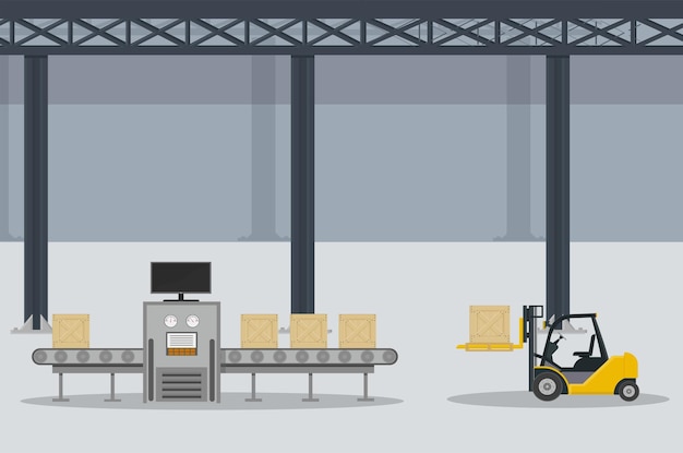 Vector warehouse of store goods or a postal warehouse with a conveyor belt and boxes