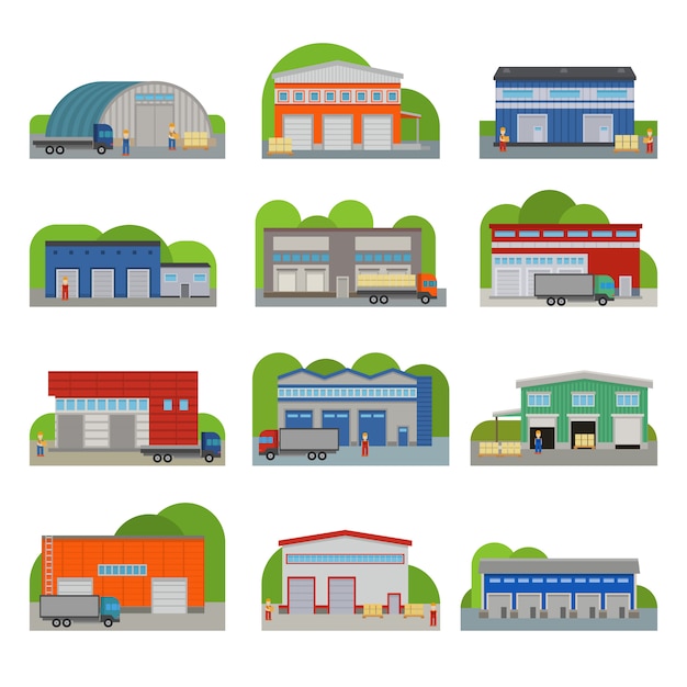 Vector warehouse storehouse depot storage facilities logistic flat style buildings  illustration isolated on white