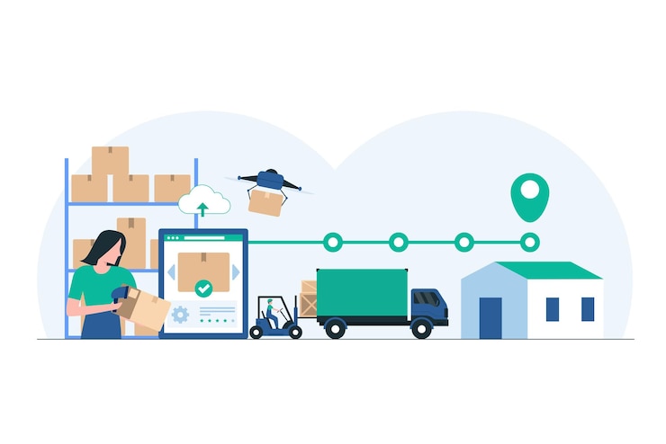 Vector warehouse team coordinating logistics and inventory management illustration of efficient teamwork in streamlining supply chain operations illustration