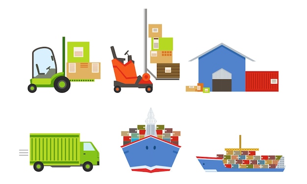 Warehouse Transportation and Delivery Set Warehouse Building Forklift Truck Cargo Ship Vector Illustration