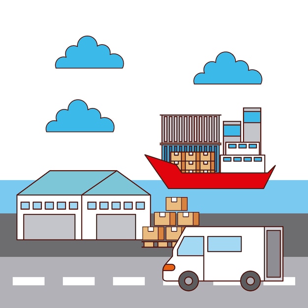 Vector warehouse van car and ship logistic transport