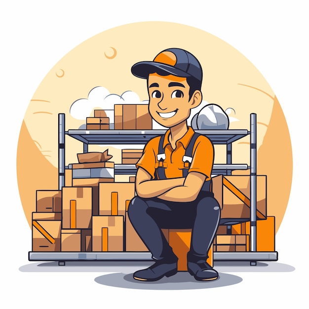Warehouse werknemer in uniform zit op pallet Cartoon vector illustratie
