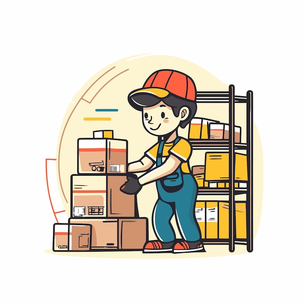 Warehouse werknemer met dozen Vector illustratie in een platte stijl