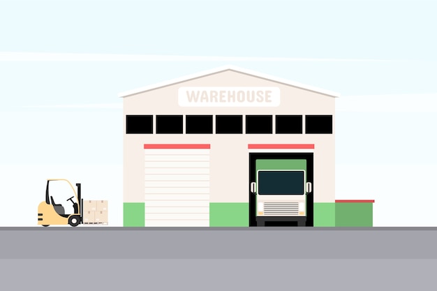 Warehouse with loading truck and forklift.