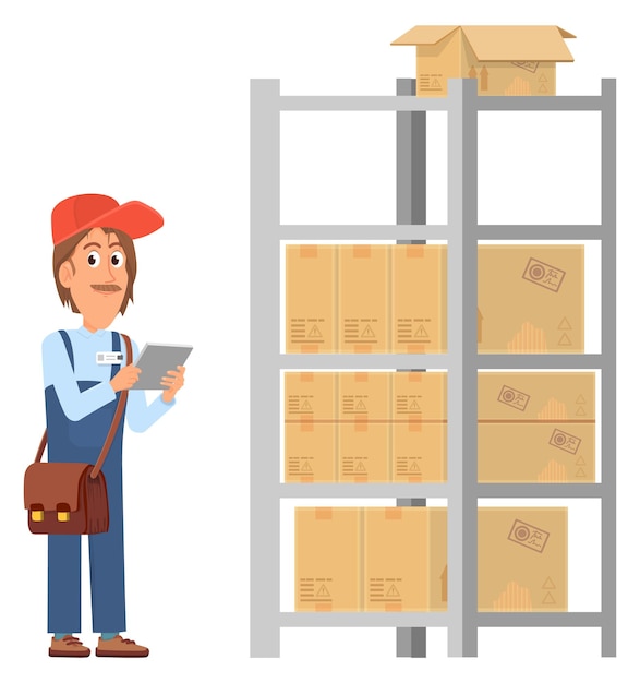 Warehouse worker checking shelves with cardboard boxes