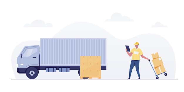 warehouse worker loading boxes in truck.