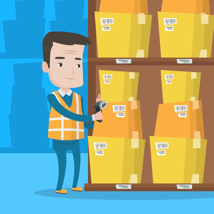 Vector warehouse worker scanning barcode on box.