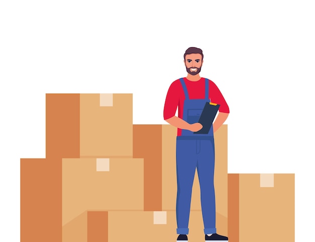 warehouse worker and stack of boxes stock taking job vector illustration