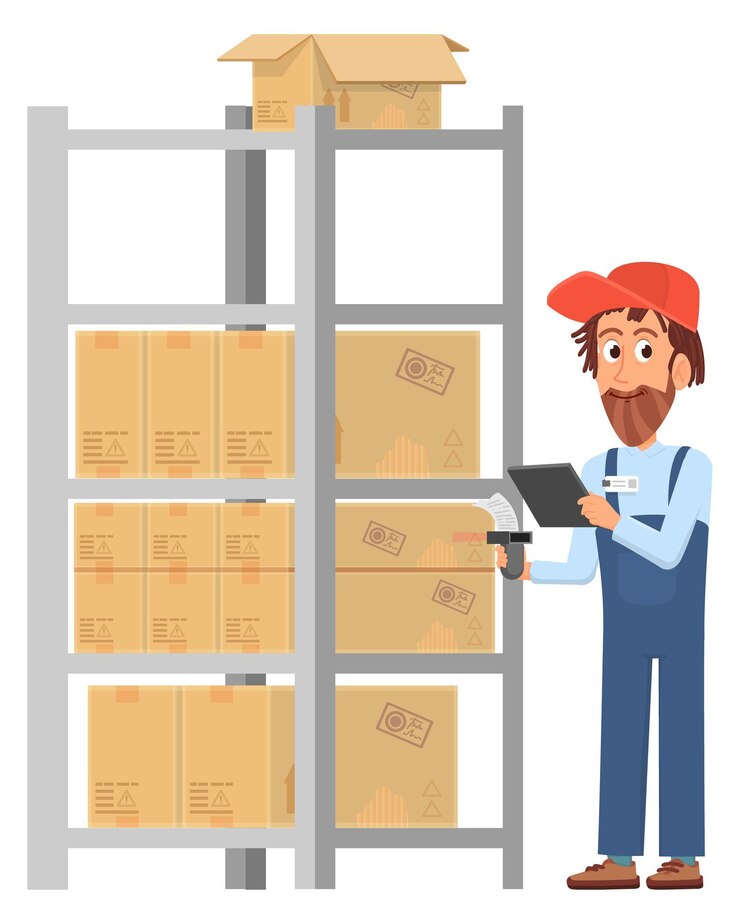 Vector warehouse worker and storage shelves with cardboard boxes