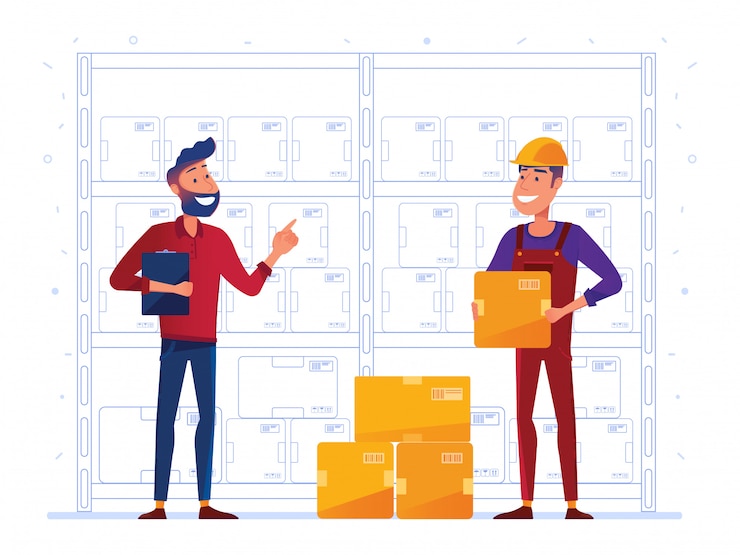 Vector warehouse workers are storing boxes on the rack