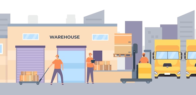 Vector warehouse workers and equipment male characters unloading parcels from pallet forklift moving cardboard boxes