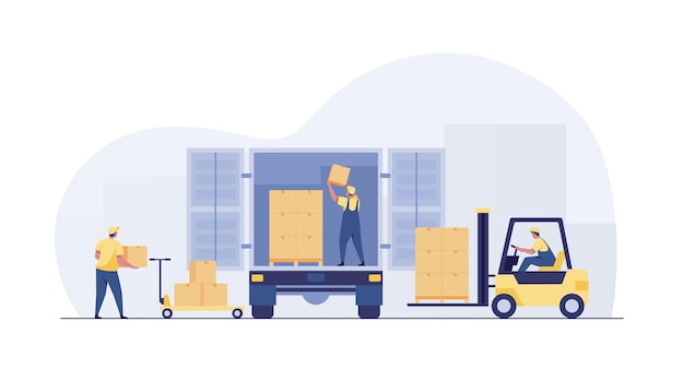 warehouse workers inspect and deliver goods by truck.