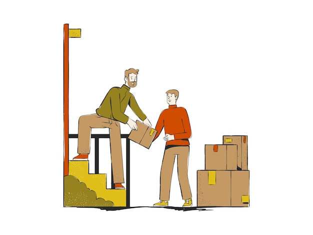 Vector warehouse workers with boxes hand drawn vector illustration in cartoon style