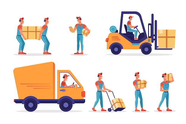 Vector warehouse workers with parcels boxes delivery and shipping vector flat isolated icons logistics and