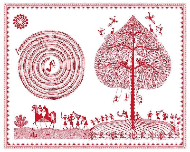 Vector warli harmony rural life wall art warli tribal paintingvillage lifestyle illustratie