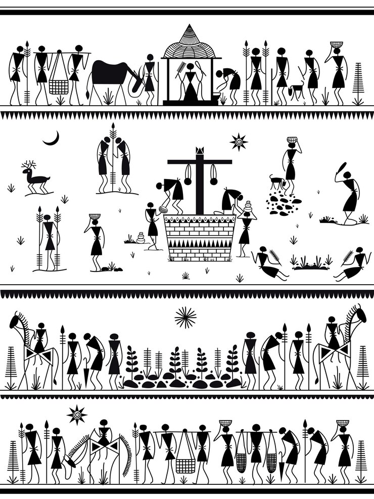 Warli Tribale kunst met tribale mensen die verschillende activiteiten uitvoeren samen met hun huisdieren