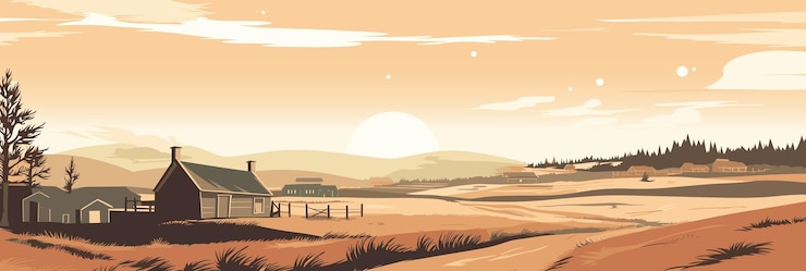 Vector warm avond landelijk landschap met velden en dorpspanorama vectorillustratie